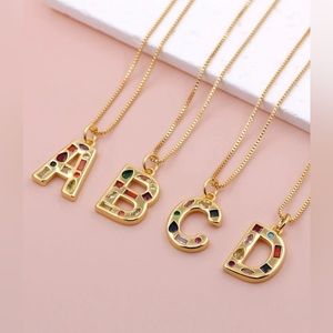 Gold Plated Multi Gem Initial Pendant Neck OS New